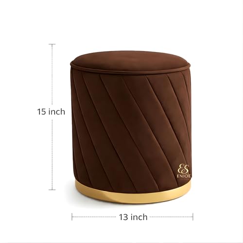 Image of Luxury Round Velvet Ottoman Stool with Gold Base - Modern Upholstered Footrest Pouffe, Tufted Vanity Seat, Living Room Bedroom Dressing Stool (Brown)