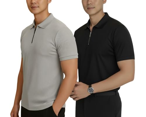 Image of MACK JONNEY Men's Cotton Self Design Polo T-Shirts | Front Half Zipper | Pack of 2 | Multicolour