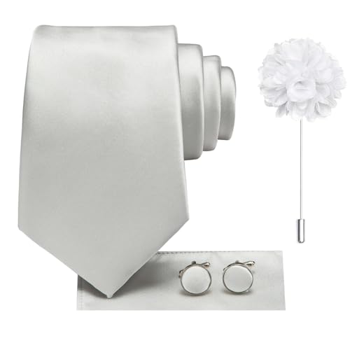 Image of Hi-Tie Men Silk Ties Set with Flower Lapel Pin Necktie Pocket Square Cufflinks for Tuxedo Wedding Business