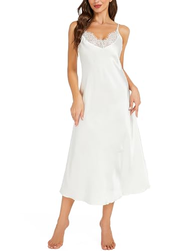 Image of Litherday Silk Nightgown for Women Long Satin Slip Dress Nightdress Silky Chemise Nightie Soft V Neck Nightwear