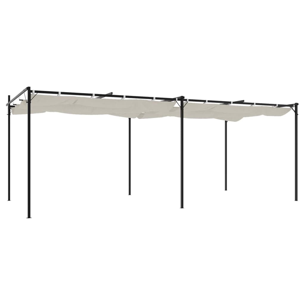 Pergola z rozsuwanym dachem, kremowa, 589 x 292 x 230 cm, malowana proszkowo rama stalowa, dach poliestrowy, pawilon ogrodowy na taras, balkon, imprezę w ogrodzie, wydarzenie, grillowanie