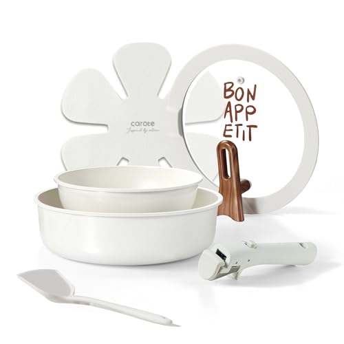 CAROTE Ceramic Pots and Pans Set Non Stick, Nonstick Kitchen Cookware Sets with Lid, Detachable Handle Sauté Pan Set, Non Toxic Frying Pan, Oven Safe, Induction Ready, Cream White
