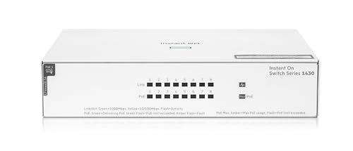 HPE Networking Instant On Switch Series 1430 8-Port Gb Unmanaged Layer 2 Ethernet Switch with PoE | 8x 1G | 8x CL4 PoE (64W) | Fan-less | UK Cord (R8R46A#ACC)