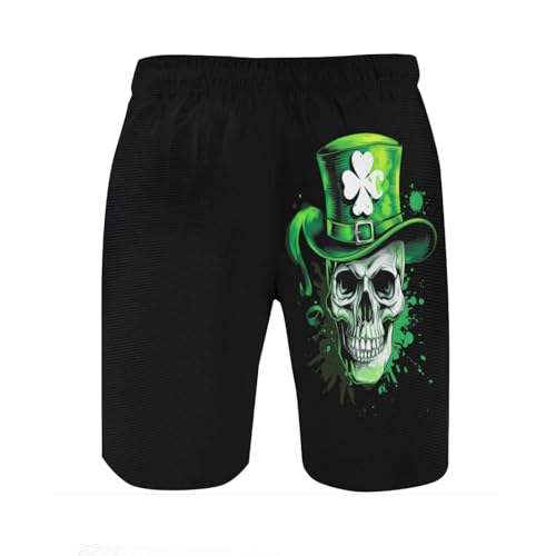 Retro St Patricks Day Irish Clover Skull Mens Swim Trunks Quick Dry Board Shorts with Mesh Lining2