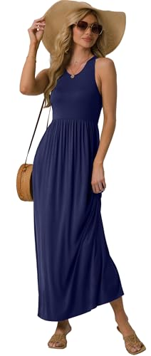 GRECERELLE Women's Summer Sleeveless Casual Long Tank Maxi Dress with Pockets, Navy Blue, M
