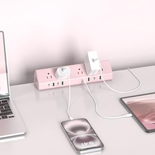 Image of Jgstkcity Desk Clamp Power Strip USB C 65W,Surge Protector,Pink | Surge Protector,5 Outlets,1875W Extension Cord,ETL Listed,Outlet Extender Desk Organizer,Office,Gaming,Dorm