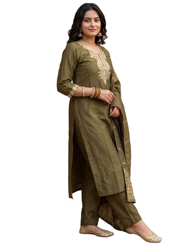 Image of INDO ERA Women's Viscose Self Design Straight Kurta with Pant & Dupatta Set