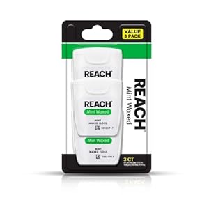 REACH Waxed Dental Floss, Mint, Plaque Remover for Teeth, Shred Resistant, Floss Slides Smoothly, Easy to Use, Waxed, Deep Cleaning Teeth, Oral Care, PFAS Free, for Adults & Kids, 3 Pack, 55 yd