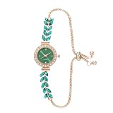MINILUJIA Elegant Luxury Womens Wrist Watch with Small Gold Dial Bling Green Olive Leaves Rhinestones Watch Band Dress Analog Slim Bracelet Lady Watch Adjustable Strap