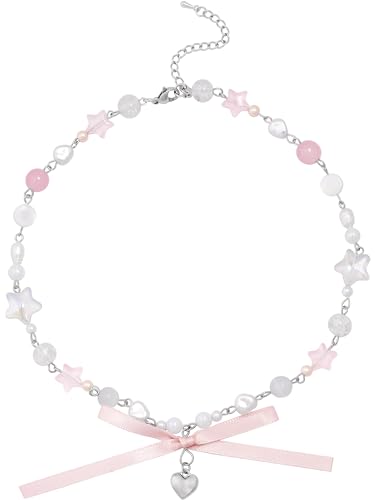 OJERRY Y2K Kawaii Coquette Pink Bow Cutecore Aesthetic Heart Star Beaded Choker Cool Necklaces Jewelry Accessories Coolest Romantic Gifts for Women