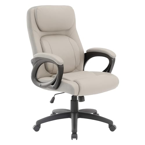 Office Star FL Series Executive Seating Faux Leather Manager's Adjustable Office Chair with Padded Arms, Taupe with Grey Mesh Accents
