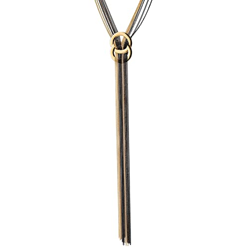 Coolsteelandbeyond Gold Black Multi-Strand Chains Necklace Two Interlocking Circles Charm Long Tassel Pendant #TOP2