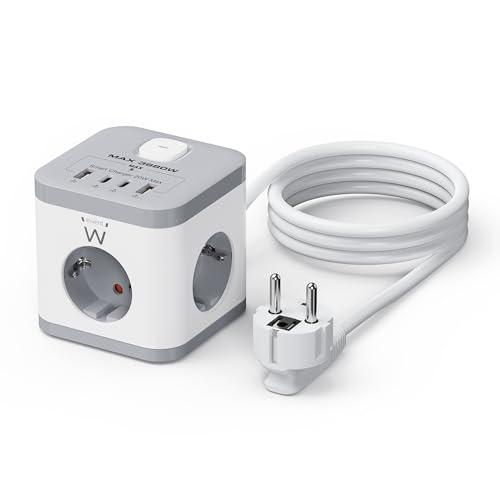 Ewent Enchufe 3 Puertos USB A y 2 Puertos Tipo C, 7 en 1 Cubo Cargador Ladron Enchufes, Enchufe Schuko de 3680W 16A, Regleta Multiple con Interruptor, Compatible con Movil, Tablet, Hogar y Oficina