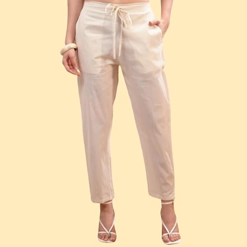 Image of Women's Floral Digital Print Cotton Pant Suit Set, Off-White, Asymmetric Shape, Shirt Collar, 3 /4 Sleeves, Above Knee Flared Hem Top, Elasticated Waist Trousers