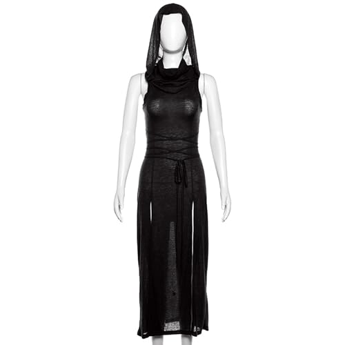 Women's Gothic Sleeveless Hooded Dress Y2K Side Split Hollow Out Midi Dress Bodycon Cocktail Party Club Dresses4