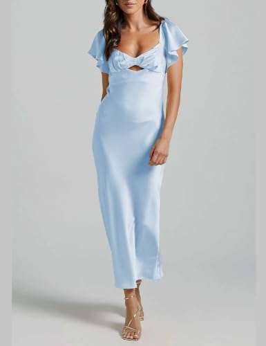 Image of VUBIYA Women's Summer Satin Midi Dress Flutter Sleeve Wedding Guest