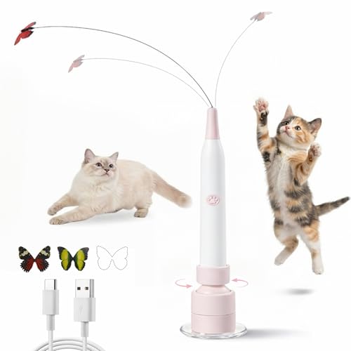 Interactive Cat Toys for Indoor Cats - Electric Cat Wand Toy with Butterfly, Self-Play & Handheld Dual Mode, USB Rechargeable with Strong Suction Base, Smart Motion Activated Enrichment Cat Toy, Pink