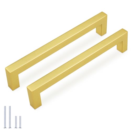 KNOBWELL 10Pack 6-3/10 Inch Brushed Gold Cabinet Pulls Stainless Steel Kitchen Cabinet Handles Square Drawer Pulls Modern Cabinet Hardware Handles，160mm Hole Centers