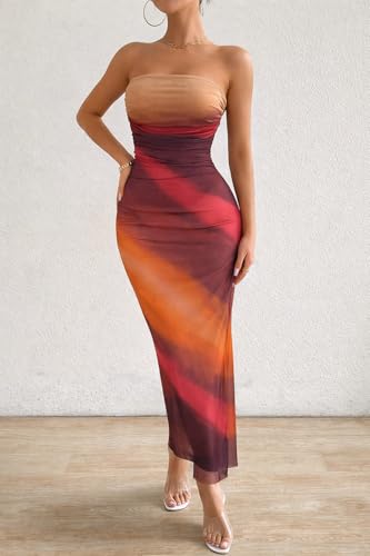 Image of LIGHT DOT Women's Summer Maxi Dress Tie Dye Strapless Tube Bodycon Side Slit Mesh Layered