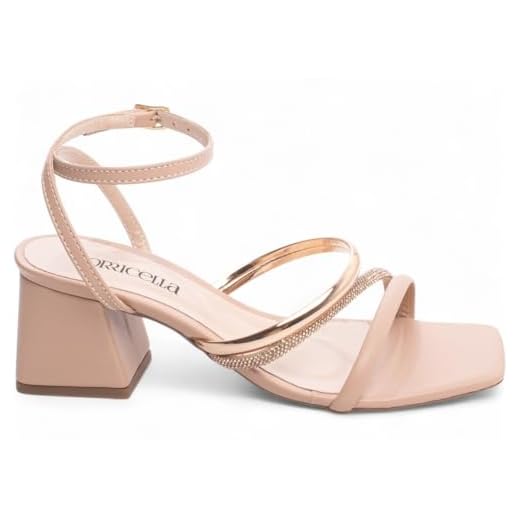 Sandália Feminina com Tiras, Salto Grosso 5,5cm, Napa Rosê com Strass