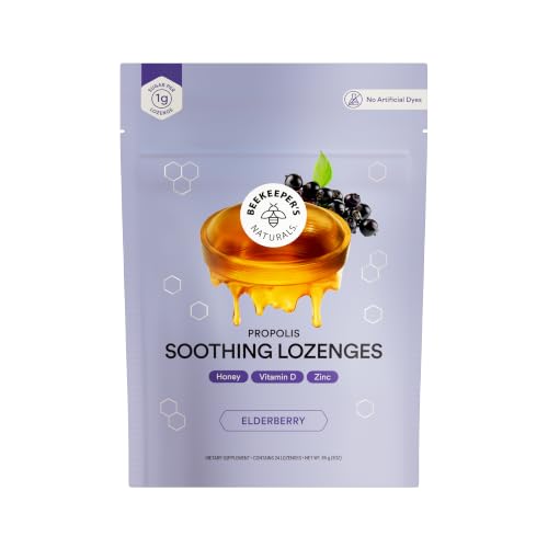 Image of Beekeeper's Naturals Throat Soothing Honey Cough Drops, Elderberry 24 Ct | Immune Support, Vitamin D, Zinc, Propolis, Throat Soothing Lozenges