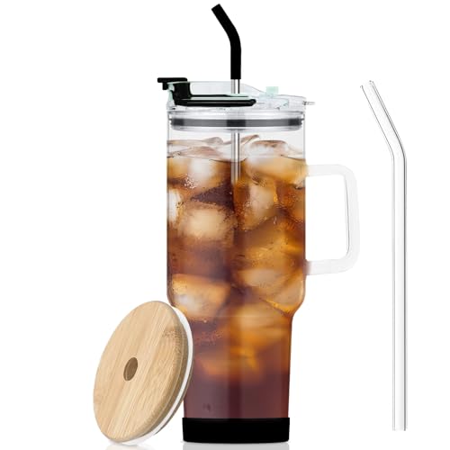 Image of AiHeart Glass Tumbler with Lid and Straws,40oz Glass Tumbler with Handle,Drinking Glasses with Silicone Coaster,Water Bottle,Smoothie Cup,Beer Cups,Ice Coffee Cups,Fits in Cup Holder-Black
