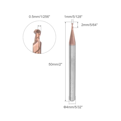 Image of uxcell 2pcs Ball Nose End Mills CNC Router Bits, 0.5mm (5 /256 inch) Radius Solid Carbide TiSin Coated 2 Flutes HRC55 1mm (5 /128 inch) Diameter 4mm (5 /32 inch) Shank Cutter Milling Tools