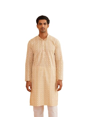 Sojanya (Since 1958 Men's Ethnic Motifs Embroidered Regular Thread Work Cotton Beige Long Kurta
