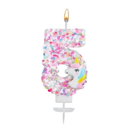 Unicorn Number Candle, Sequin Birthday Number Candle Unicorn Cake Topper Birthday Decorations for Girls Baby Shower Themed Celebrations (5)