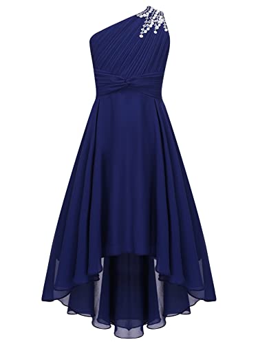 CHICTRY Kids Girls Sequin One Shoulder Formal Party Dance Gown High-Low Chiffon Proms Dresses Navy Blue 9-10 Years
