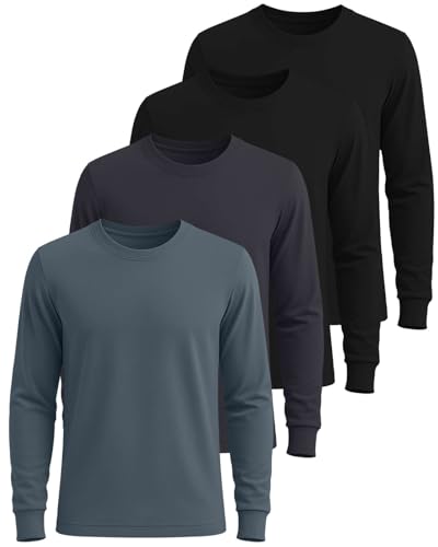 Image of Real Essentials 4 Pack: Men's Cotton Long Sleeve Crew Neck T-Shirt - Soft Work Casual Jersey Tees