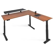 71" L-Shaped Programmable Electric Standing Desk with Shelf - Black Frame/Teak Top