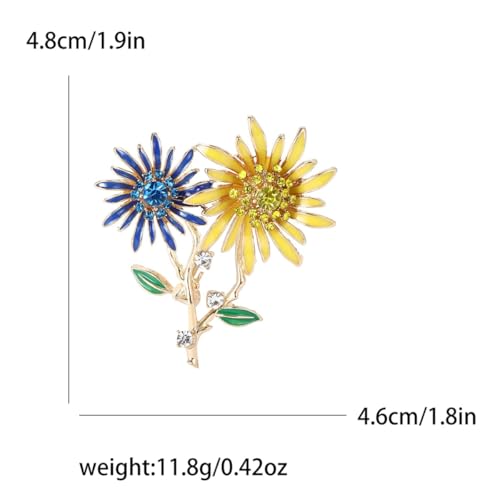 Image of Double Sunflower Brooch and Pins for Women Blue and Yellow Rhinestone Broach Nature Style Dress Pin Flower Jewelry