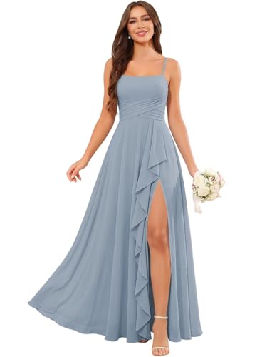 jdoiweidm Dusty Blue Chiffon Bridesmaid Dresses Spaghetti Straps Ruched Evening Dress Ruffles Maternity Formal Gown US4