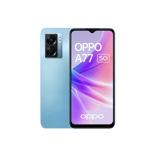OPPO A77 - Smartphone 5G Débloqué, 4 Go de RAM + 64 Go de Stockage Extensible, Ecran AMOLED 90Hz 6,43”, Caméra 48 MP, Batterie 5000 mAh + Charge Rapide 33W, Haut-Parleurs Stéréo, Bleu [version FR]