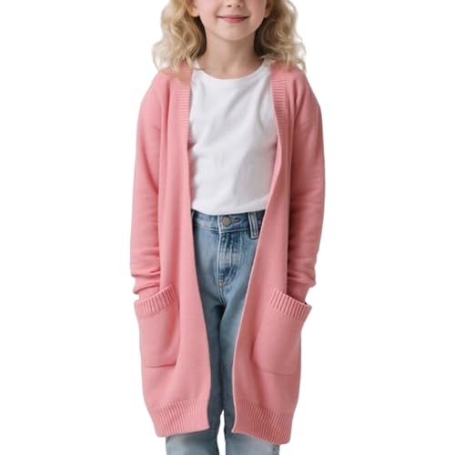 Girl's Open Front Cardigan Long Sleeve Knit Sweaters Kids Solid Casual Loose Outerwear Coats with Pockets