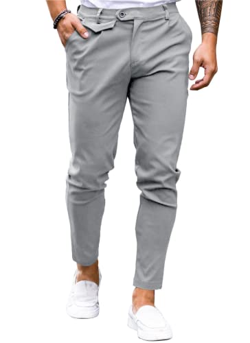 Image of Mens Chinos Slim Fit Pants Stretch Tapered Dress Pant Casual Trousers | Skinny Slacks, Flat Front Design, Stretch Cotton Fabric, Solid or Plaid, Work Dress Pants, Business Casual Wear