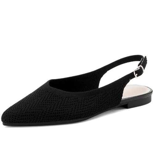 Slingback Ballet Flats for Women Pointed Toe Adjustable Buckle Strap Flats Comfortable Dressy Flats for Work & Party Knit Slip On Shoes