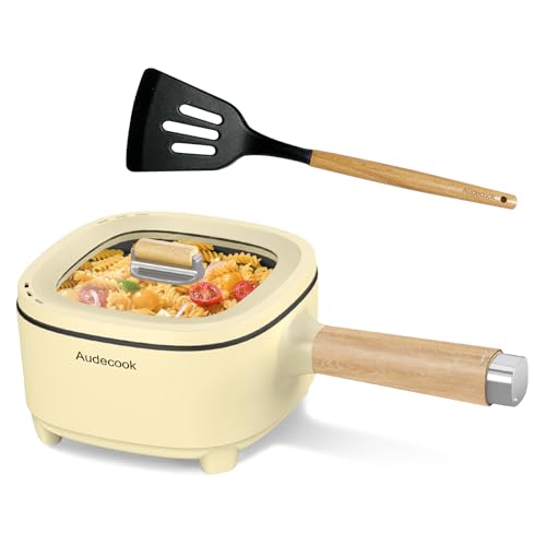 Audecook Elektrischer Hot Pot, 2L/20cm Antihaft Elektropfanne mit Keramikglasur, Tragbarer Multikocher für Ramen, Steak, Ei, Haferflocken, Suppe, 350W/800W (Standard Beige, 2 Liter)