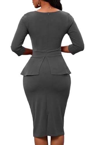 Perzeal Womens 3/4 Sleeve Crew Neck Peplum Wear To Work Office Pleated Sheath Dress Grey Large thumb #3