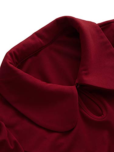 Romwe Women's Vintage 1950s Retro Collared Long Sleeve Fit and Flare Swing Party Dress Burgundy S