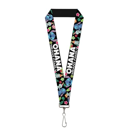 Buckle-Down Lanyard - OHANA MEANS FAMILY/Stitch & Scrump Poses/Tropical Flora Black/White/Multi Color