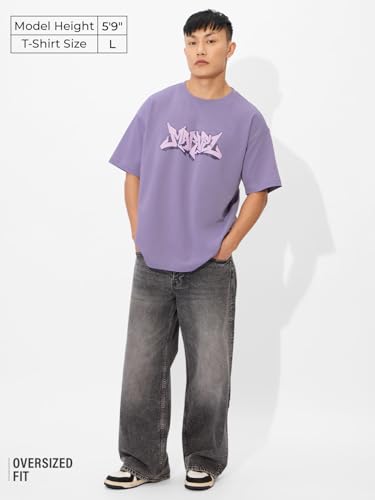 Image of The Souled Store Spider-Man: Spidey Street Men and Boys Short Sleeves Round Neck Purple Graphic Printed Cotton Oversized T-Shirts