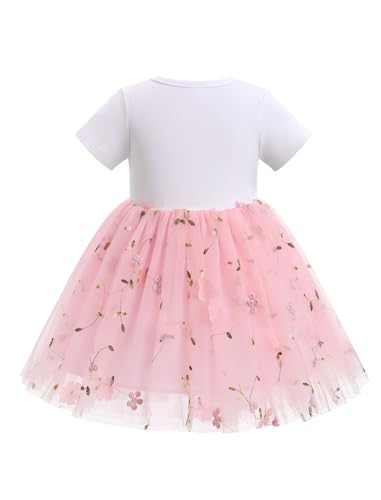 ODASDO Baby Girls First Birthday Outfit Cotton Short Sleeve Tulle Tutu Princess Dress with Bowknot Headband Set3