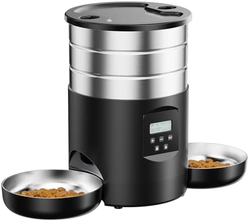 Futterautomat Katze 2 Näpfe Katzenfutter Automat: Edelstahl Futterspender Katze Programmierbarem Timer - 5L Hund Futterautomaten - Trockenfutterspender Zwei Stromquellen - für Klei