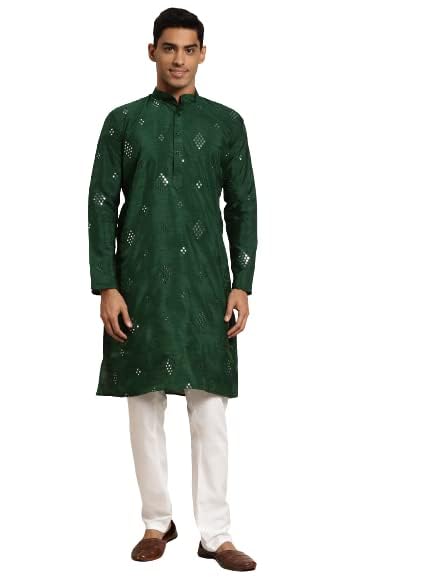 Image of SOJANYA (Since 1958 Men's Cotton Blend Navy Blue & Black Printed Kurta & White Churidar Pyjama Set