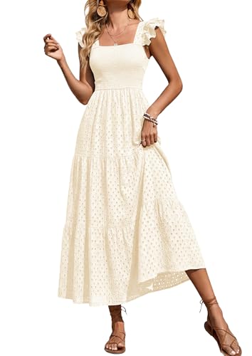Womens Eyelet Smocked Maxi Dress with Pockets