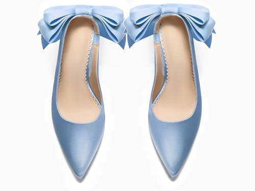 Image of Coutgo Womens Slingback High Heels with Bow Closed Pointed Toe Wedding Bride Dress Shoes Satin Pumps