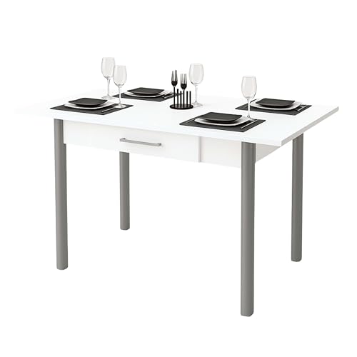 Miroytengo Mesa de Cocina Extensible Sendai Estilo Contemporáneo en Color Blanco y Gris para 4 Plazas 110-140x75x70-110 cm