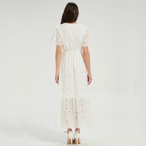 Image of Women's Summer Bohemian Floral Chiffon Dress Cap Sleeve V Neck Ruffle Long Flowy Boho Casual Vacation Dresses